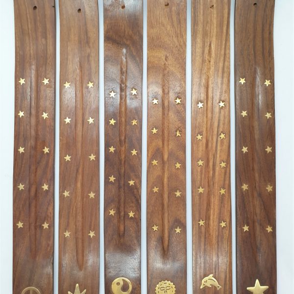 Flat wooden incense holder brass inlay 1