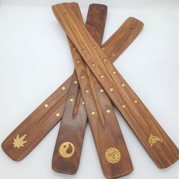 Flat wooden incense holder brass inlay3